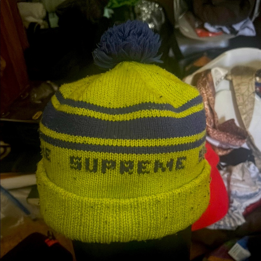 Supreme Lime and Navy Knit Beanie w/ pom